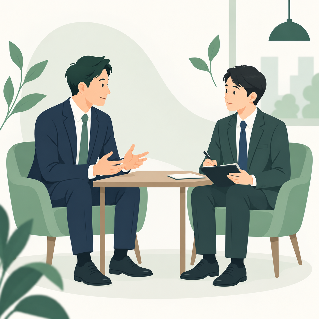 男性2人が机を挟んで職場のメンタルヘルスについて対話するイラスト