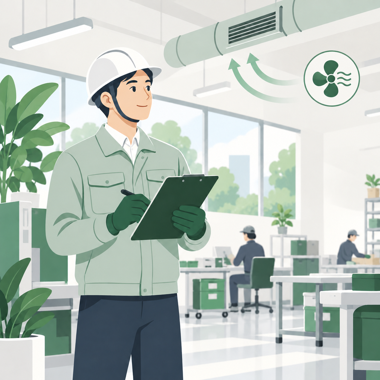 職場環境と安全設備を点検するイラスト